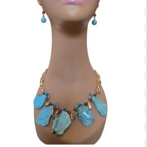 Turquoise And Red Coral Southwestern Style Necklace And Earring Set In EUC